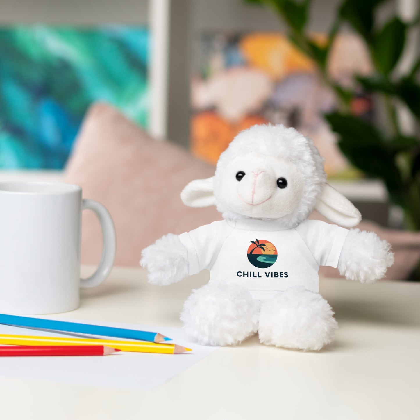 Chill Vibes™ Stuffed Animal, Cute Gift for Kids, Plush Toy with Tee, Birthday Present, Cozy Home Decor, Baby Shower Gift