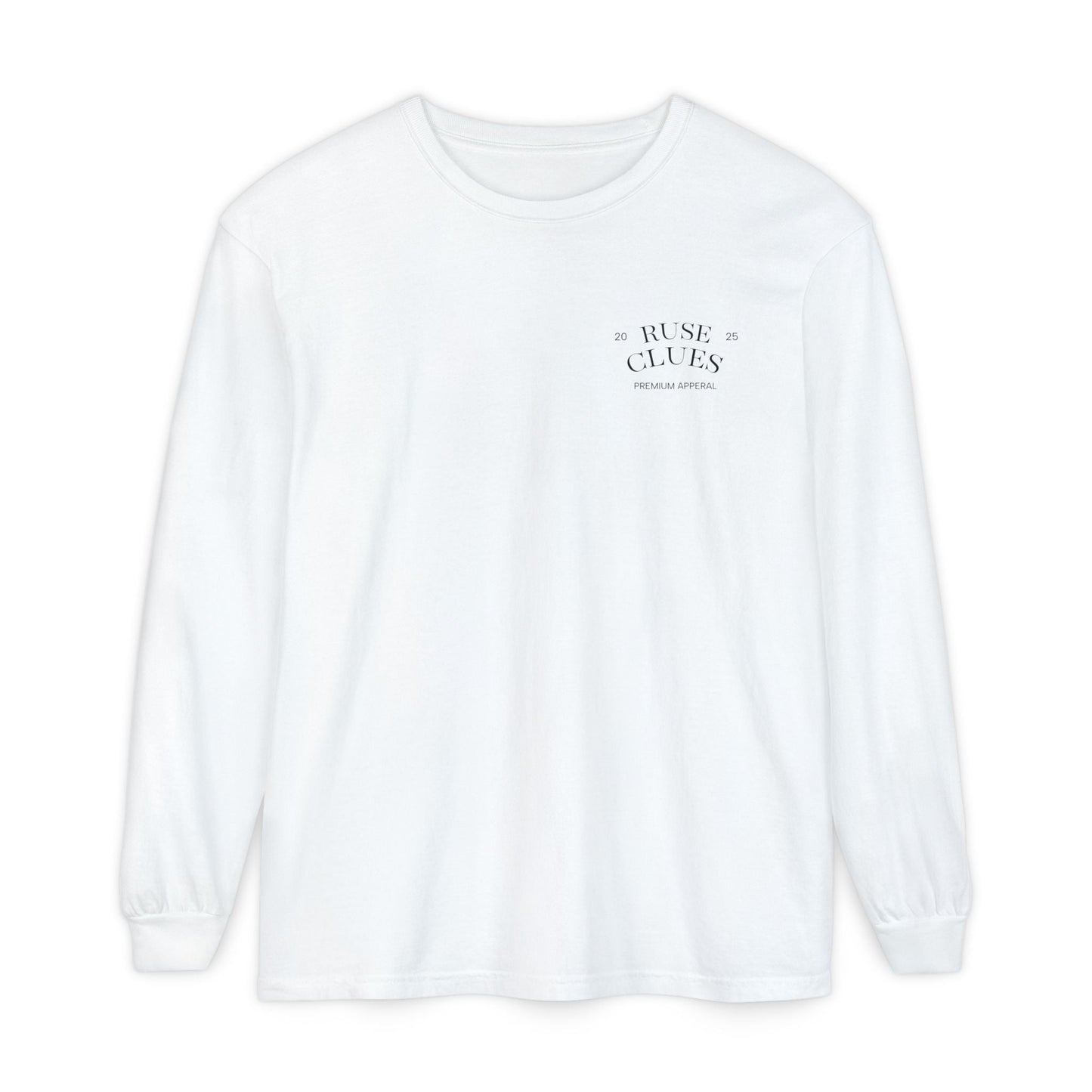 Unisex Garment-Dyed Long Sleeve Ruse Clues® Tee, Casual Everyday Wear, Gift for Friends, Stylish Layering Piece, Trendy Fashion Statement