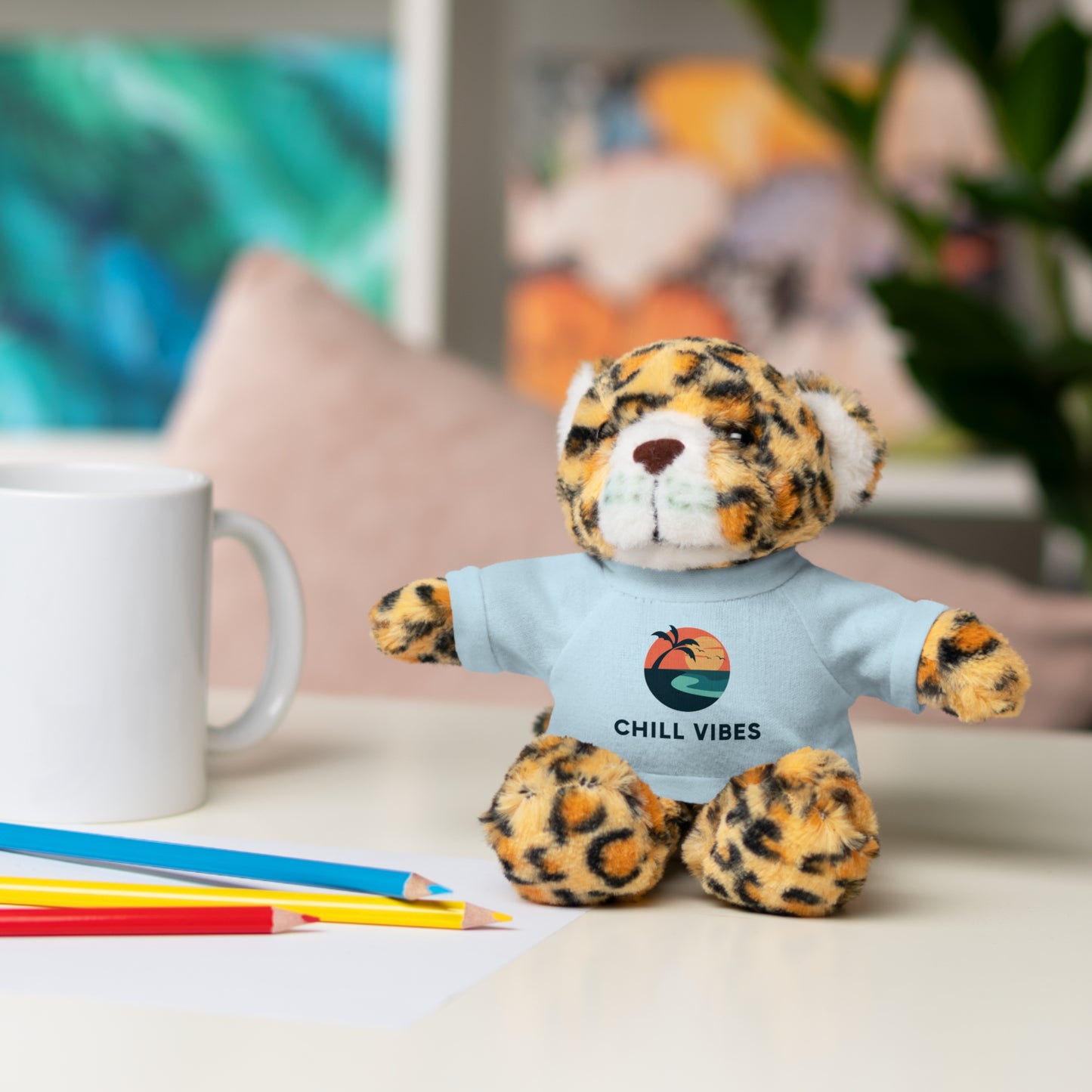 Chill Vibes™ Stuffed Animal, Cute Gift for Kids, Plush Toy with Tee, Birthday Present, Cozy Home Decor, Baby Shower Gift
