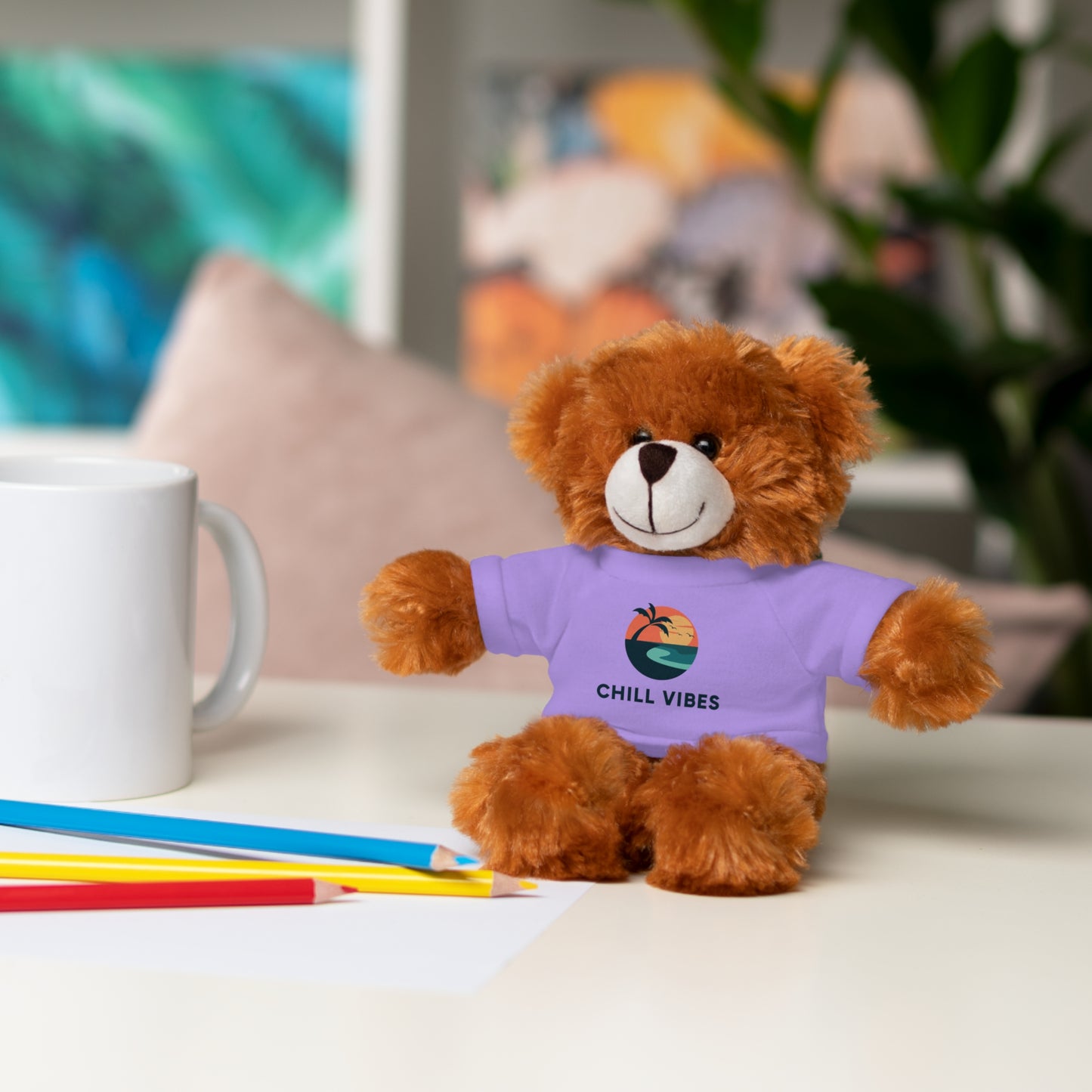 Chill Vibes™ Stuffed Animal, Cute Gift for Kids, Plush Toy with Tee, Birthday Present, Cozy Home Decor, Baby Shower Gift