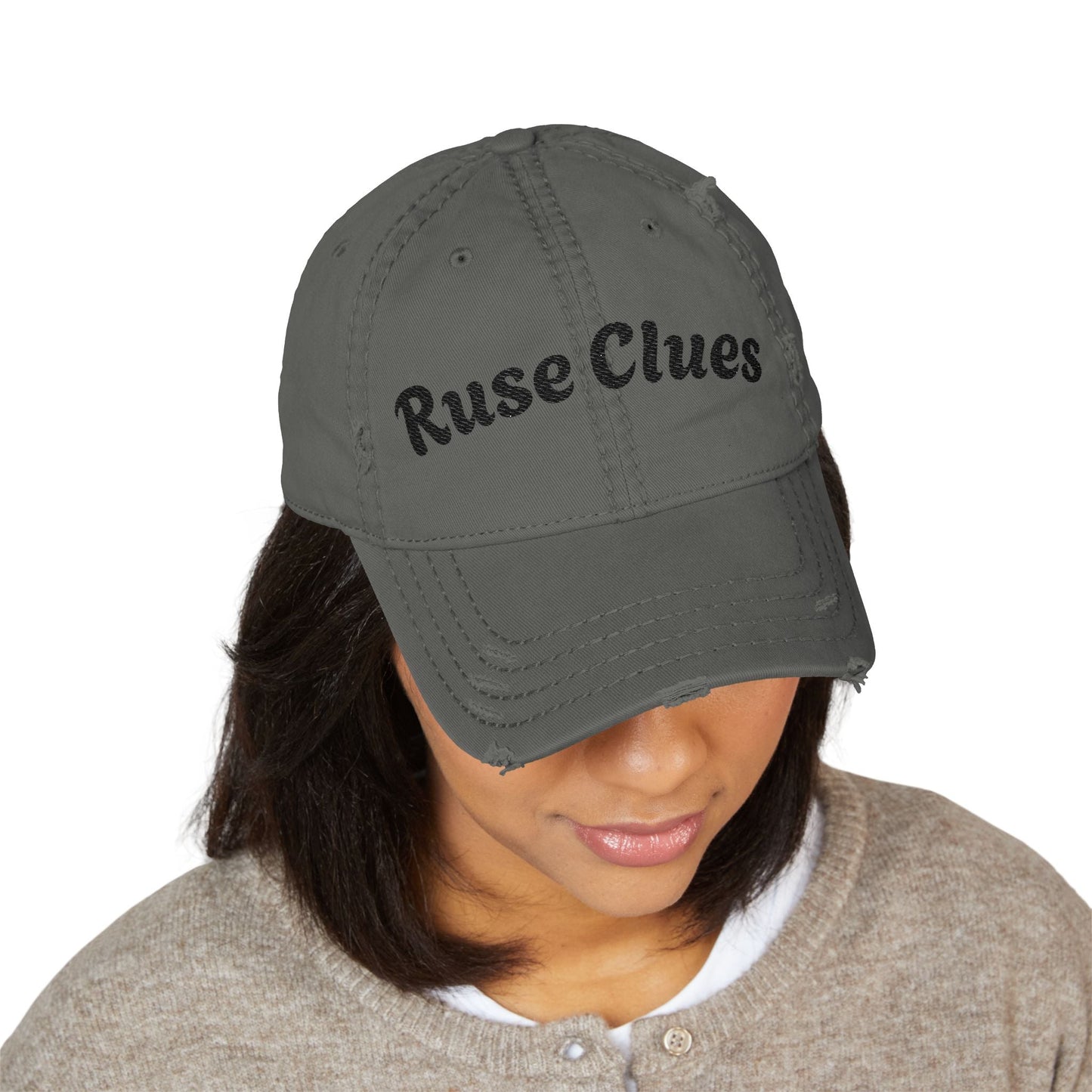 Distressed Dad Hat with Ruse Clues®, Embroidery | Casual Style Cap for Outdoor Adventures, Gifts for Dads, Unisex Fashion, Great for Summer BBQs