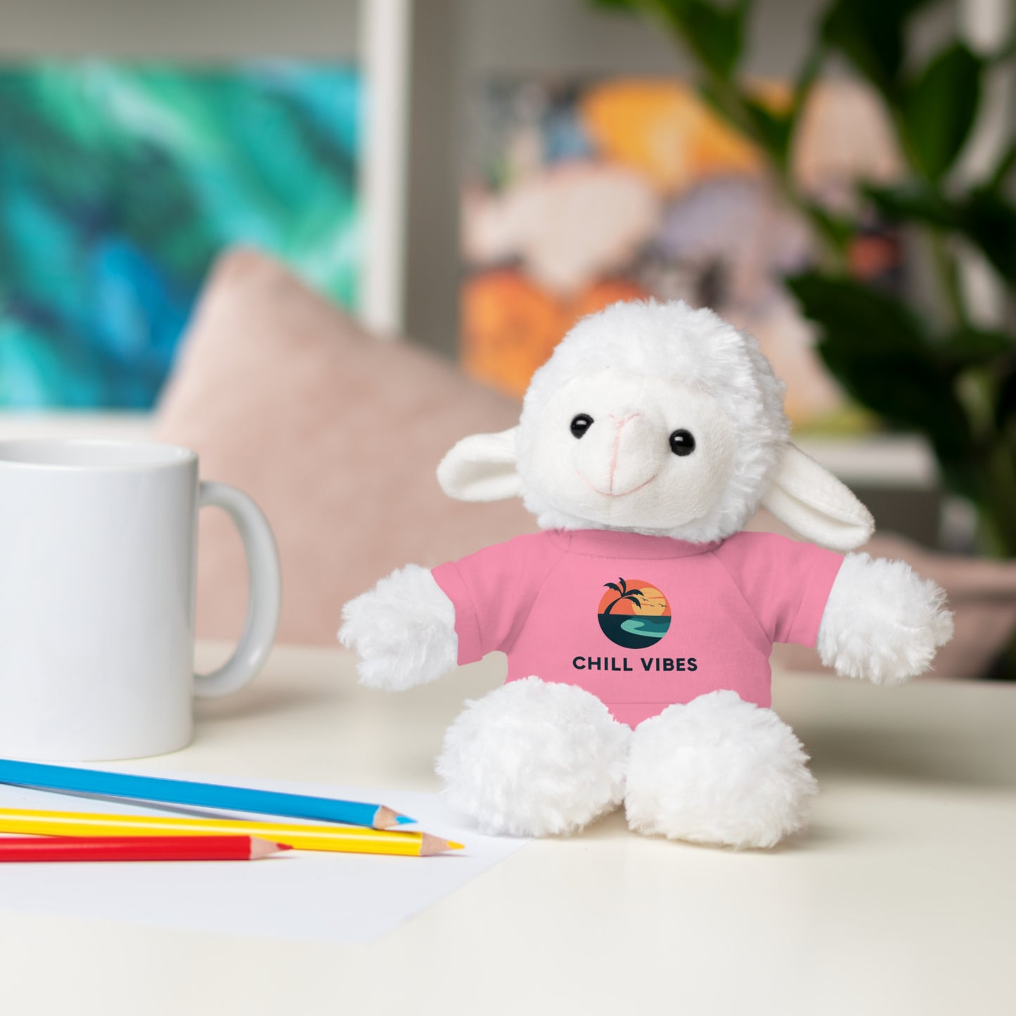 Chill Vibes Stuffed Animal, Cute Gift for Kids, Plush Toy with Tee, Birthday Present, Cozy Home Decor, Baby Shower Gift