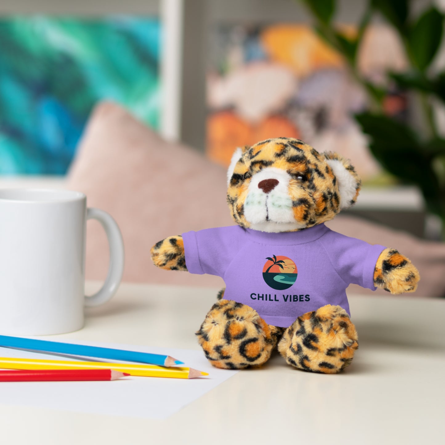 Chill Vibes™ Stuffed Animal, Cute Gift for Kids, Plush Toy with Tee, Birthday Present, Cozy Home Decor, Baby Shower Gift