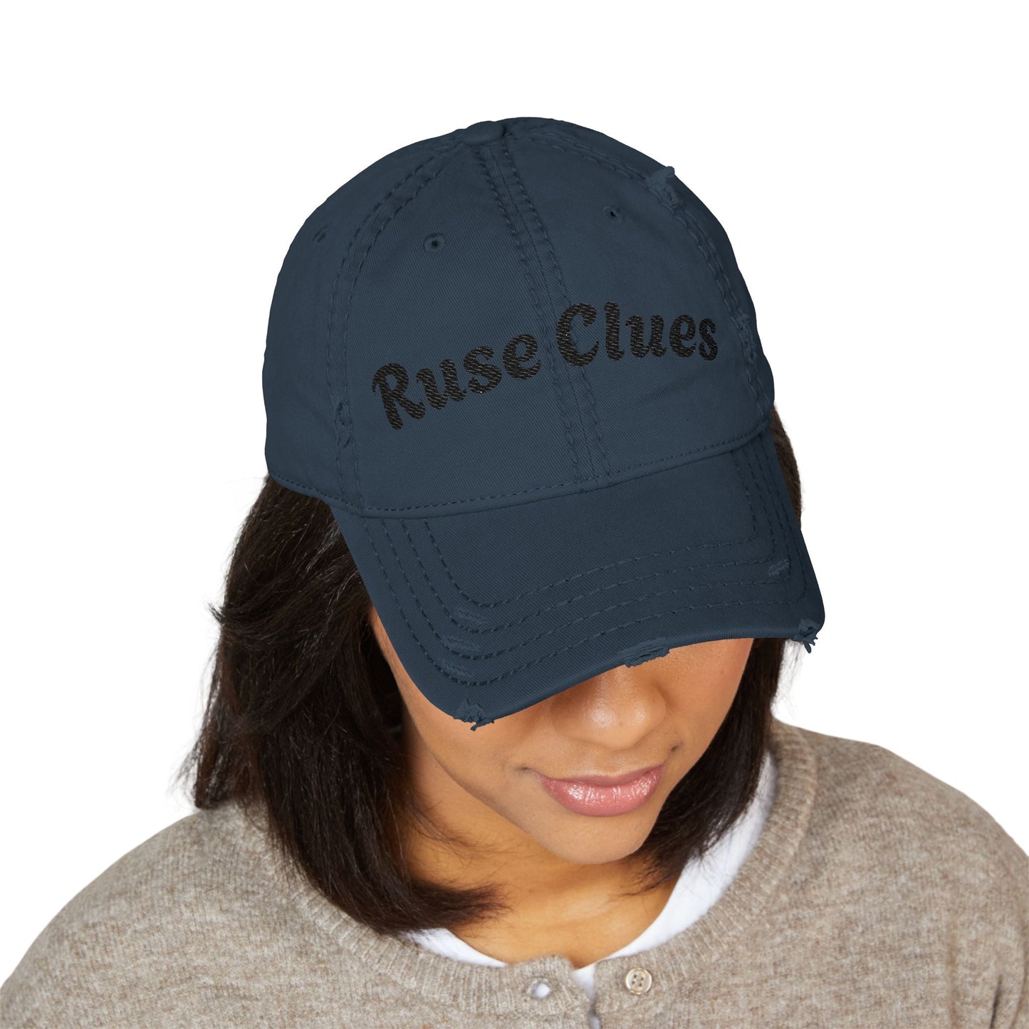 Distressed Dad Hat with Ruse Clues®, Embroidery | Casual Style Cap for Outdoor Adventures, Gifts for Dads, Unisex Fashion, Great for Summer BBQs