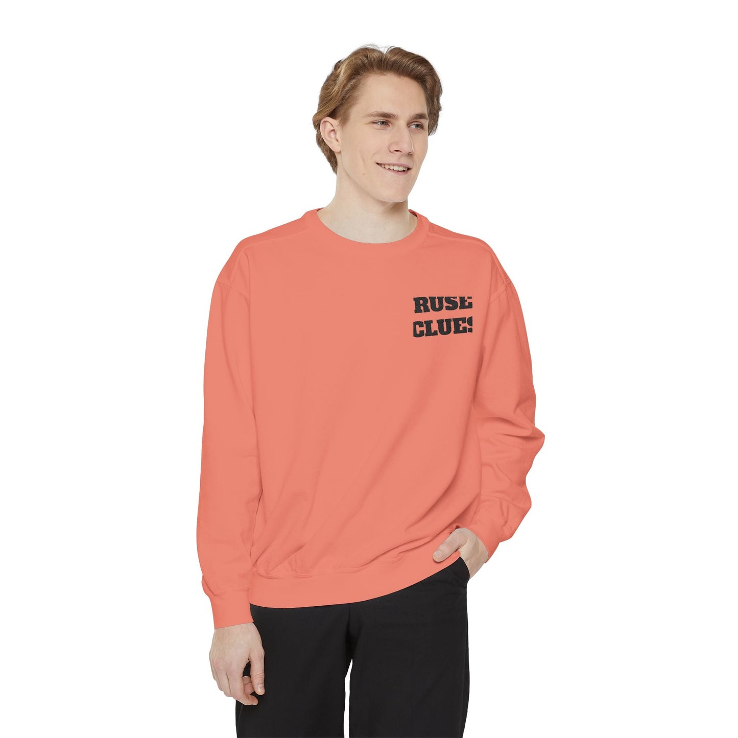 Unisex Garment-Dyed Ruse Clues® Sweatshirt - Cozy, Trendy, Perfect for Everyday Wear, Gift for Friends and Family, Great for Fall and Winter
