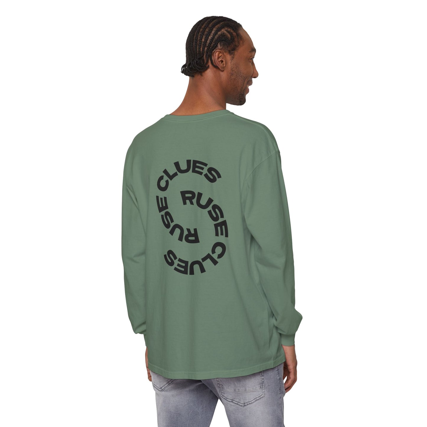 Unisex Garment-Dyed Long Sleeve Ruse Clues® Tee, Casual Everyday Wear, Gift for Friends, Stylish Layering Piece, Trendy Fashion Statement