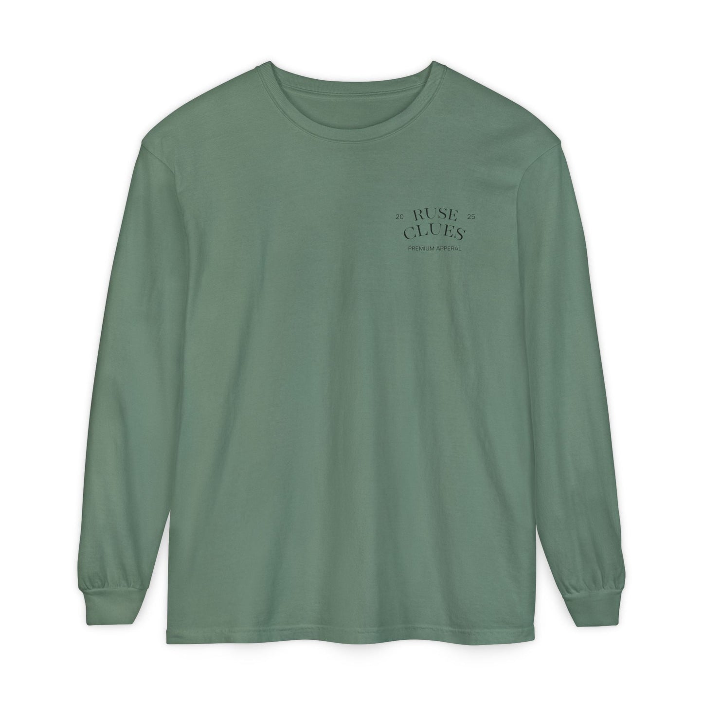 Unisex Garment-Dyed Long Sleeve Ruse Clues® Tee, Casual Everyday Wear, Gift for Friends, Stylish Layering Piece, Trendy Fashion Statement