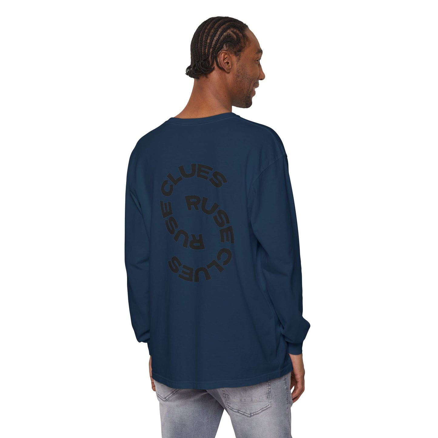 Unisex Garment-Dyed Long Sleeve Ruse Clues® Tee, Casual Everyday Wear, Gift for Friends, Stylish Layering Piece, Trendy Fashion Statement