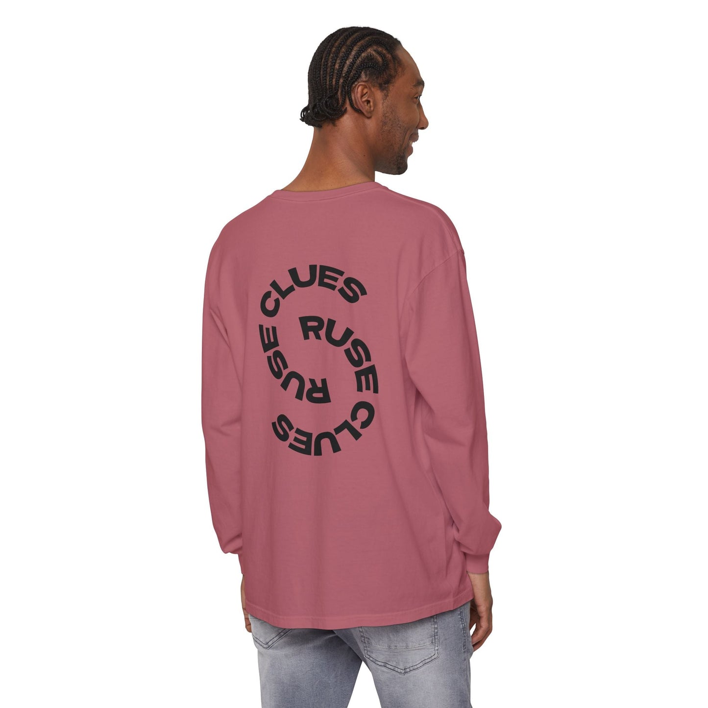 Unisex Garment-Dyed Long Sleeve Ruse Clues® Tee, Casual Everyday Wear, Gift for Friends, Stylish Layering Piece, Trendy Fashion Statement