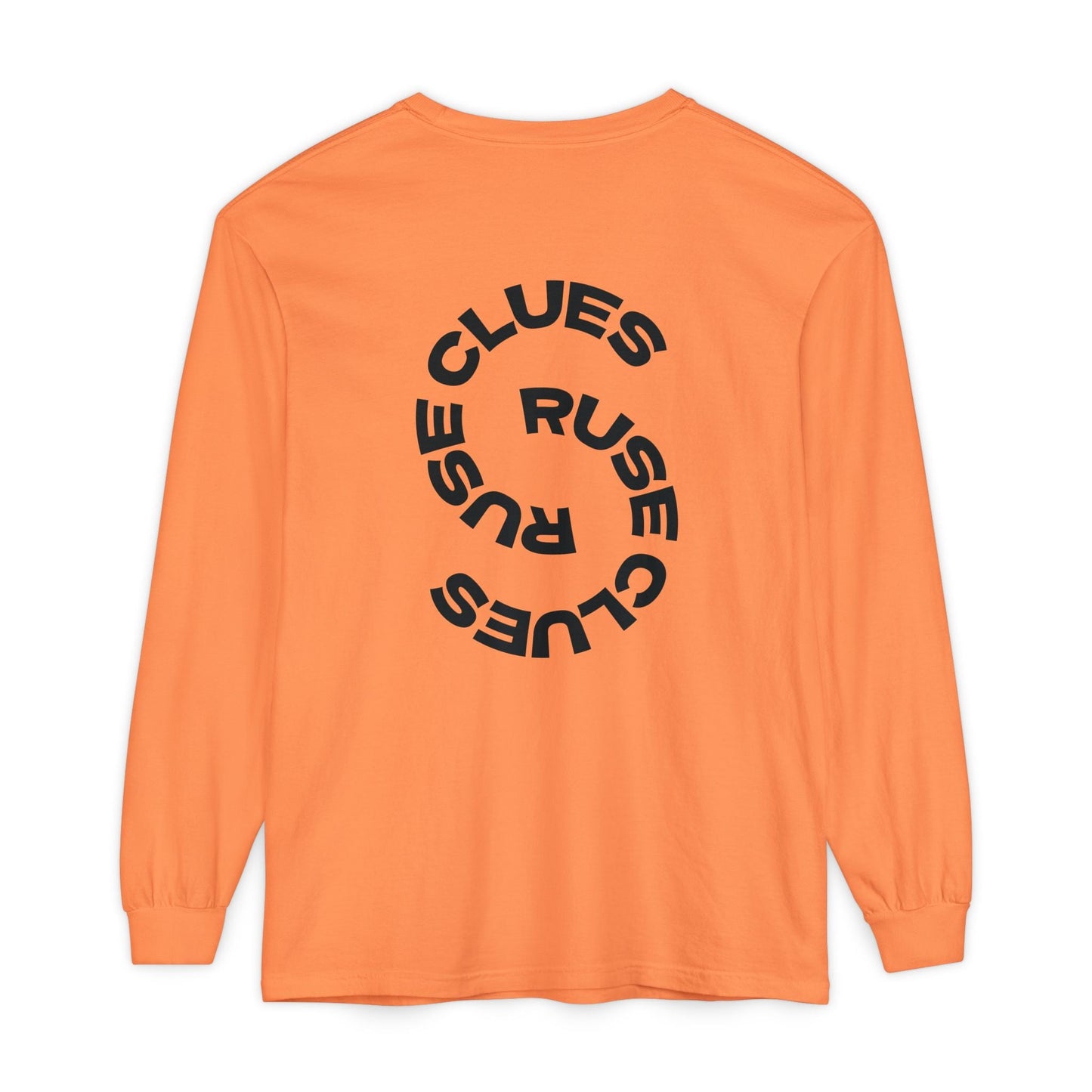 Unisex Garment-Dyed Long Sleeve Ruse Clues® Tee, Casual Everyday Wear, Gift for Friends, Stylish Layering Piece, Trendy Fashion Statement