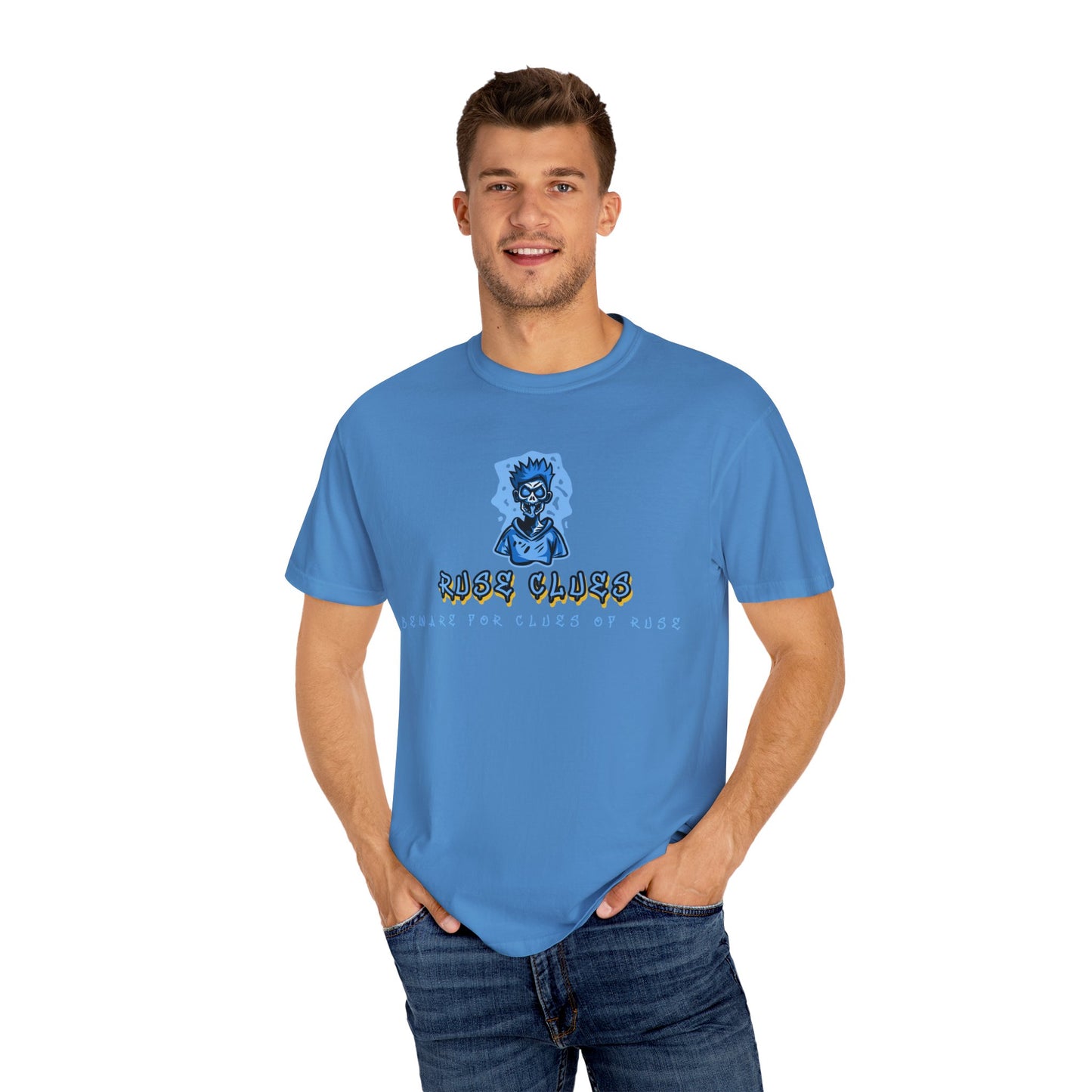 Unisex Garment-Dyed T-shirt with 'Ruse Clues™ ' Design - Casual Style for Everyday Wear, Perfect Gift for Music Lovers, Summer Vibe, Graphic Tee