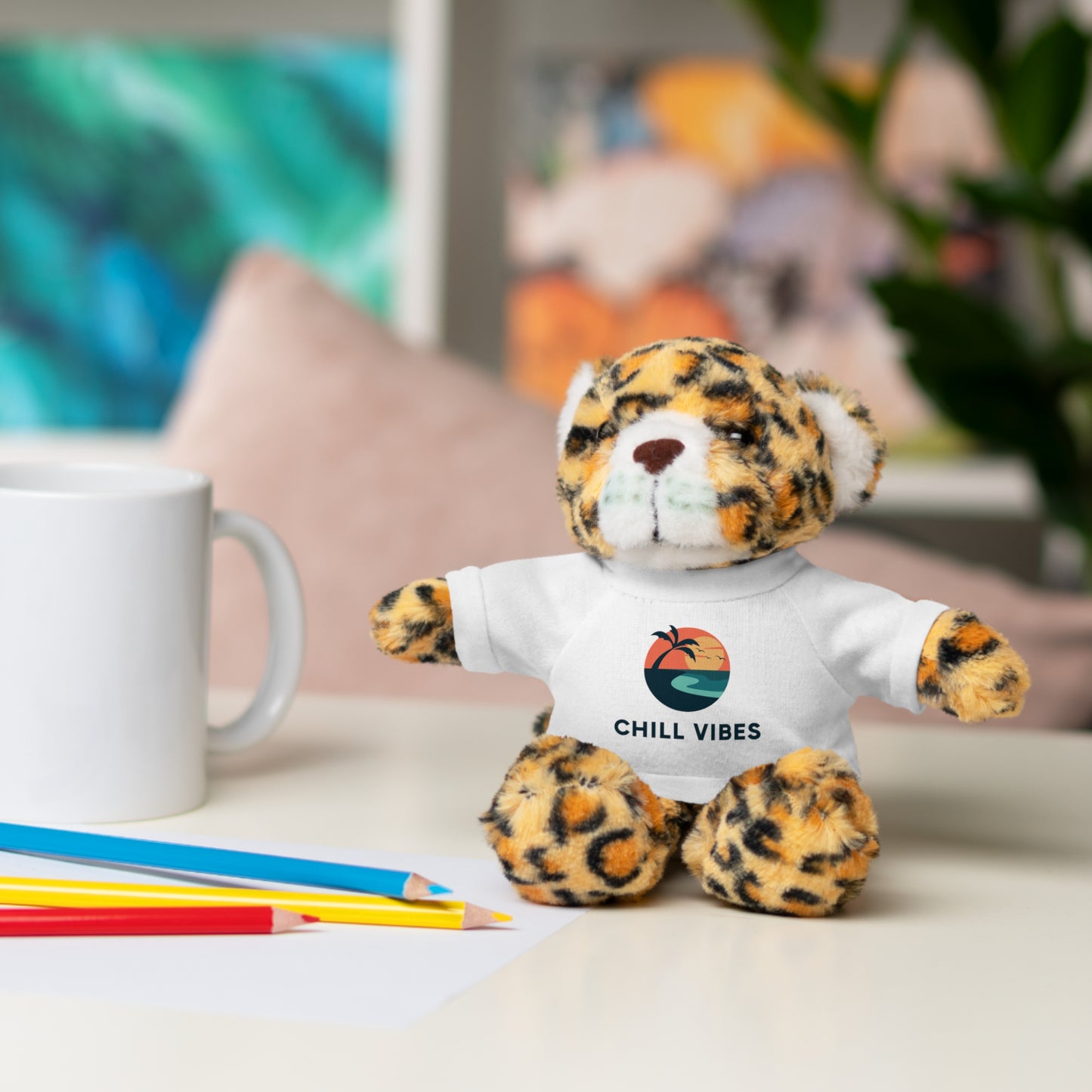 Chill Vibes™ Stuffed Animal, Cute Gift for Kids, Plush Toy with Tee, Birthday Present, Cozy Home Decor, Baby Shower Gift