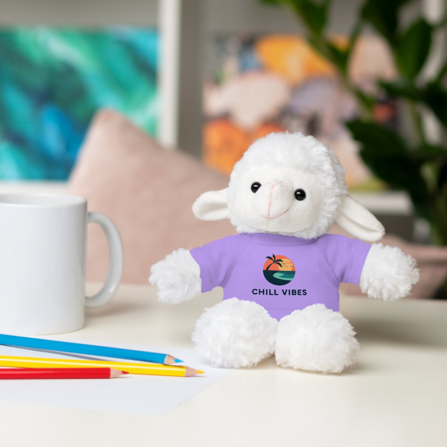 Chill Vibes™ Stuffed Animal, Cute Gift for Kids, Plush Toy with Tee, Birthday Present, Cozy Home Decor, Baby Shower Gift