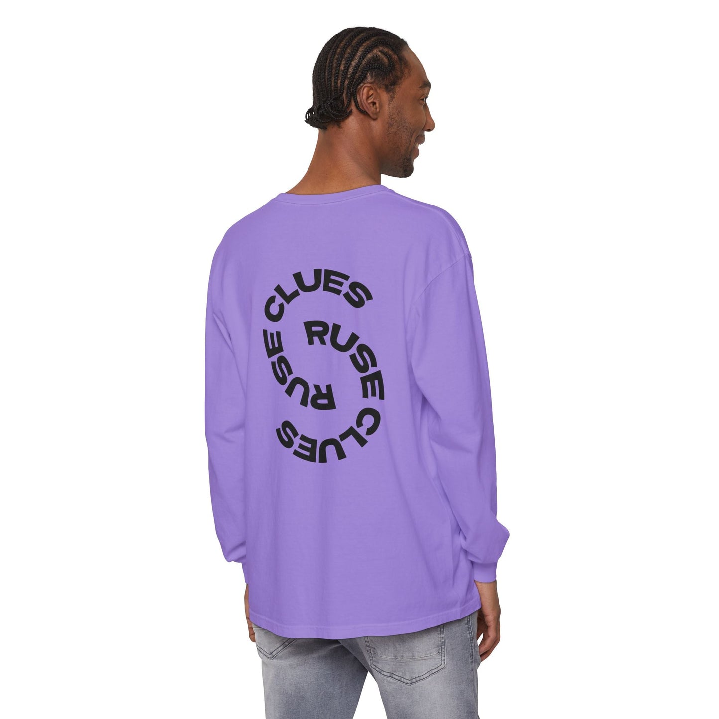 Unisex Garment-Dyed Long Sleeve Ruse Clues® Tee, Casual Everyday Wear, Gift for Friends, Stylish Layering Piece, Trendy Fashion Statement