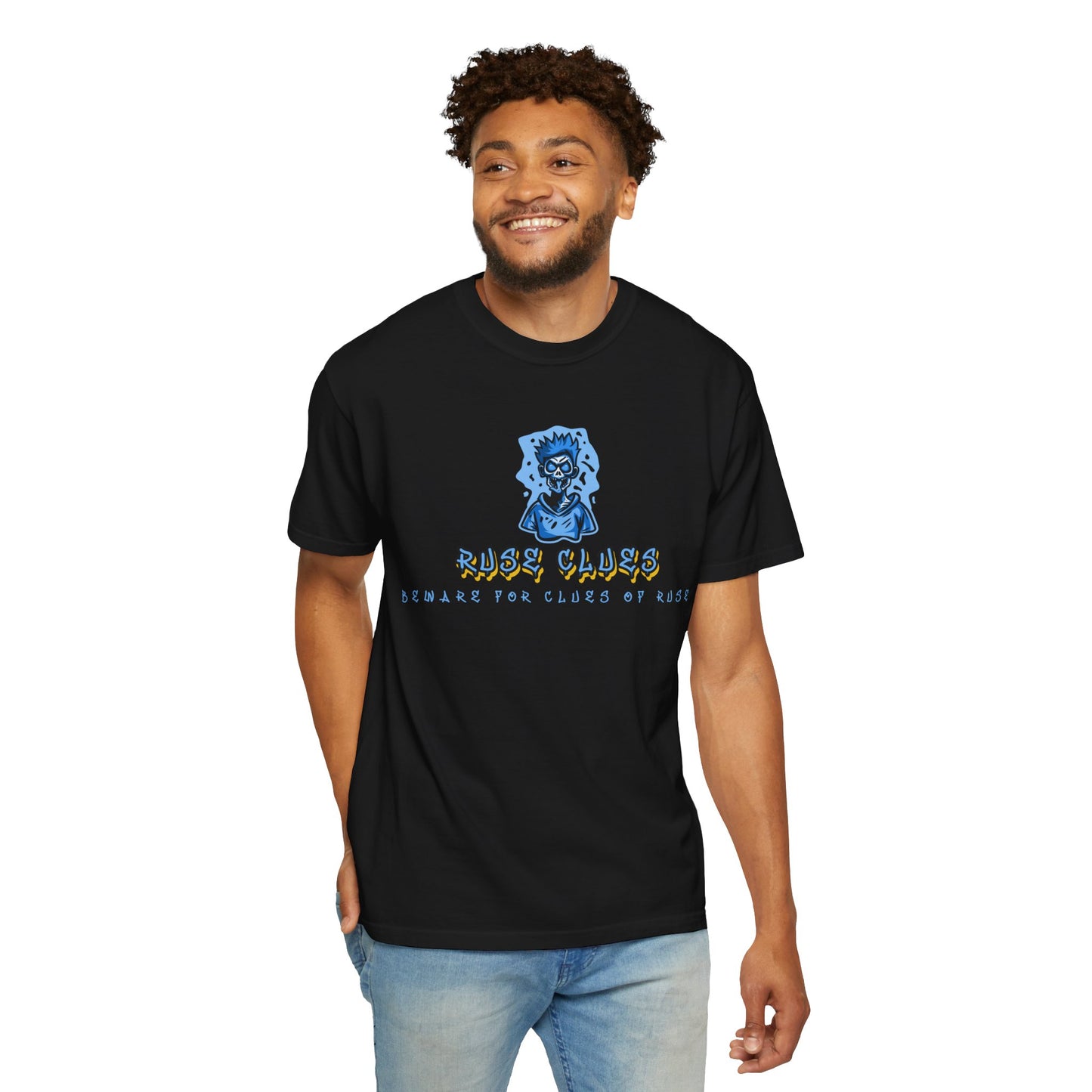 Unisex Garment-Dyed T-shirt with 'Ruse Clues™ ' Design - Casual Style for Everyday Wear, Perfect Gift for Music Lovers, Summer Vibe, Graphic Tee