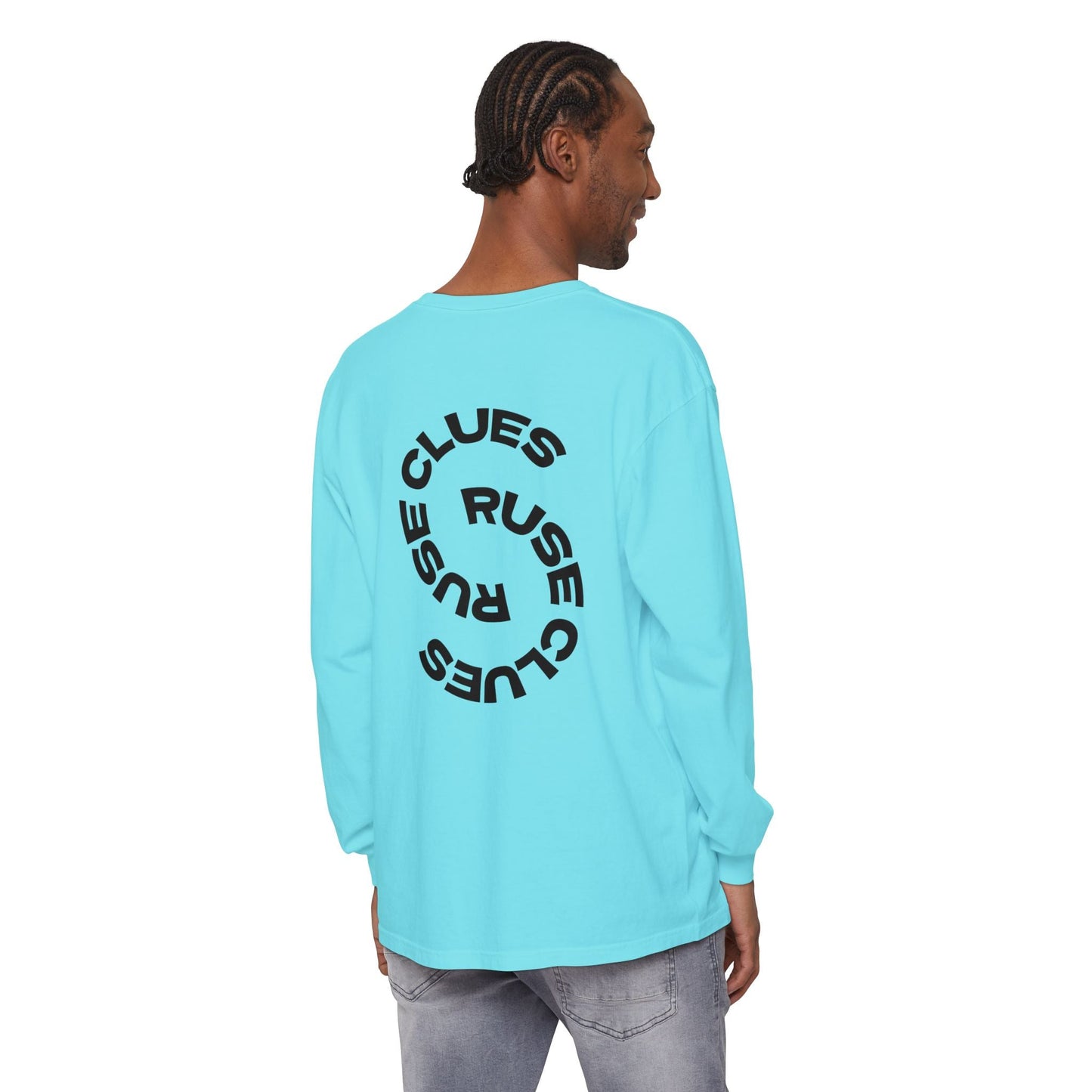 Unisex Garment-Dyed Long Sleeve Ruse Clues® Tee, Casual Everyday Wear, Gift for Friends, Stylish Layering Piece, Trendy Fashion Statement