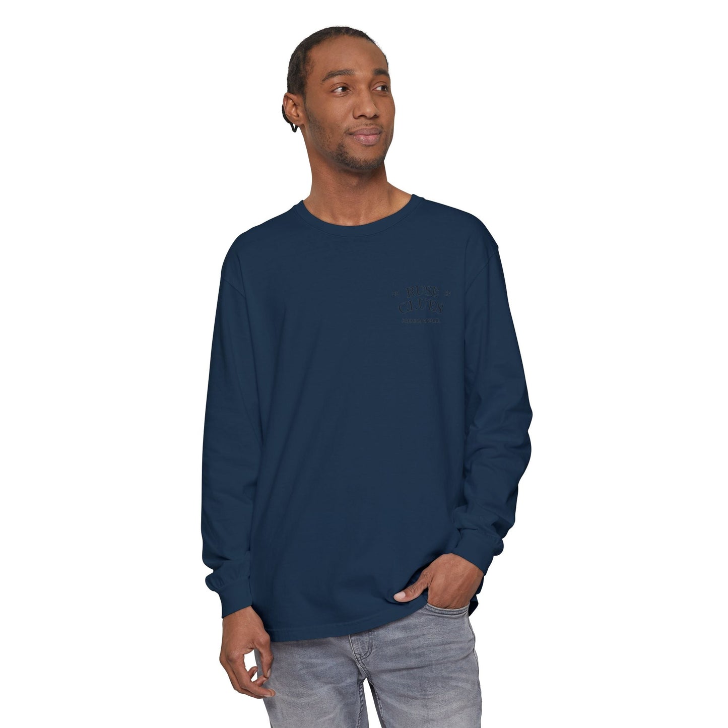 Unisex Garment-Dyed Long Sleeve Ruse Clues® Tee, Casual Everyday Wear, Gift for Friends, Stylish Layering Piece, Trendy Fashion Statement