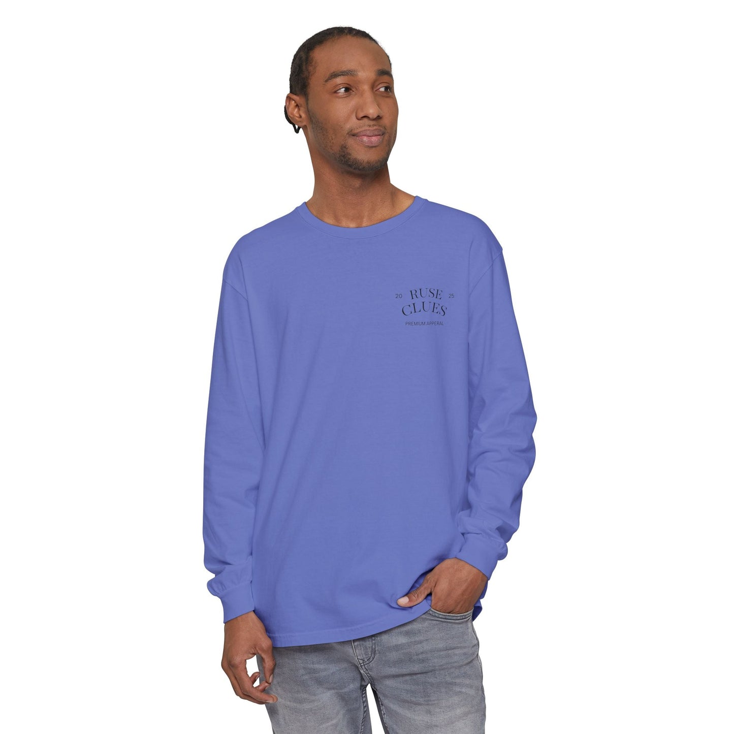 Unisex Garment-Dyed Long Sleeve Ruse Clues® Tee, Casual Everyday Wear, Gift for Friends, Stylish Layering Piece, Trendy Fashion Statement