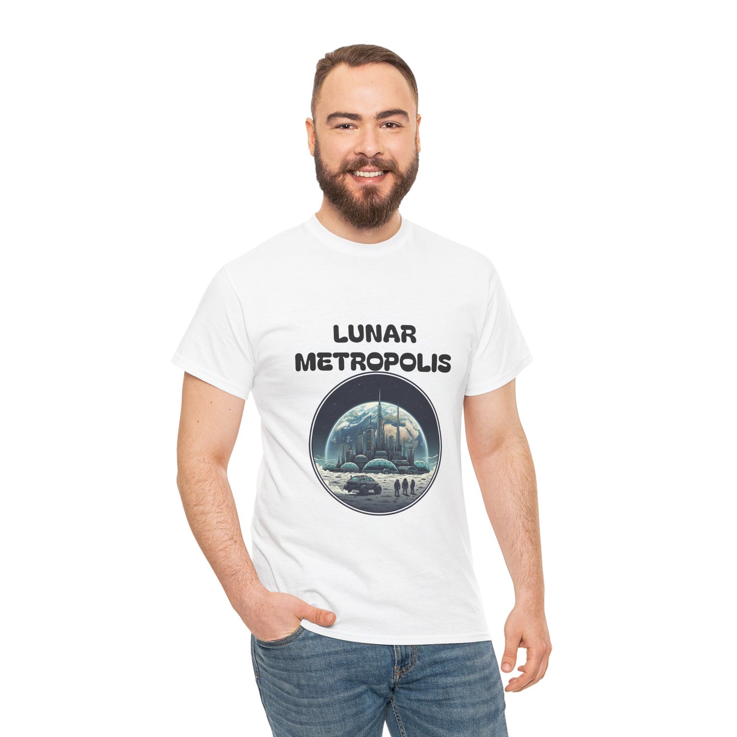 Lunar Metropolis™ Tee — Retro Futuristic Moon City Graphic T-Shirt